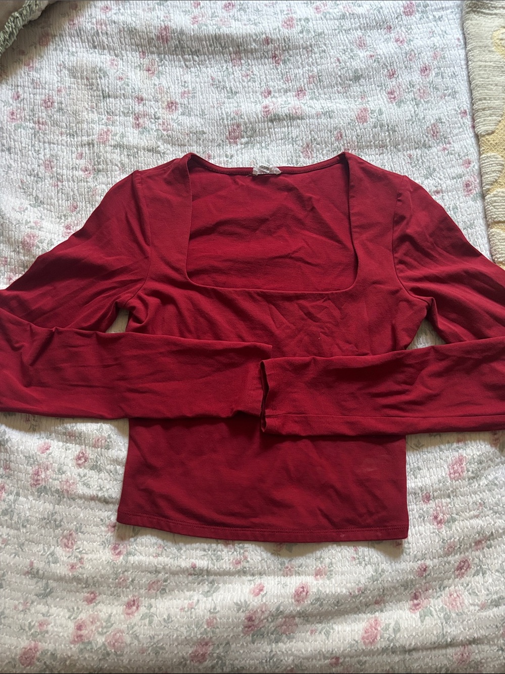 Garage Red Square Neck Long Sleeve Top